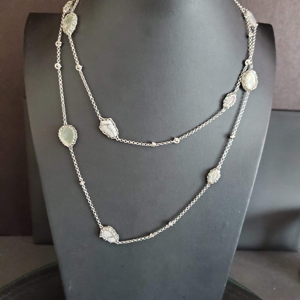 Kendra Scott Silver Plate Station Necklace White Howlite Mother of Pearl Long - Picture 1 of 7